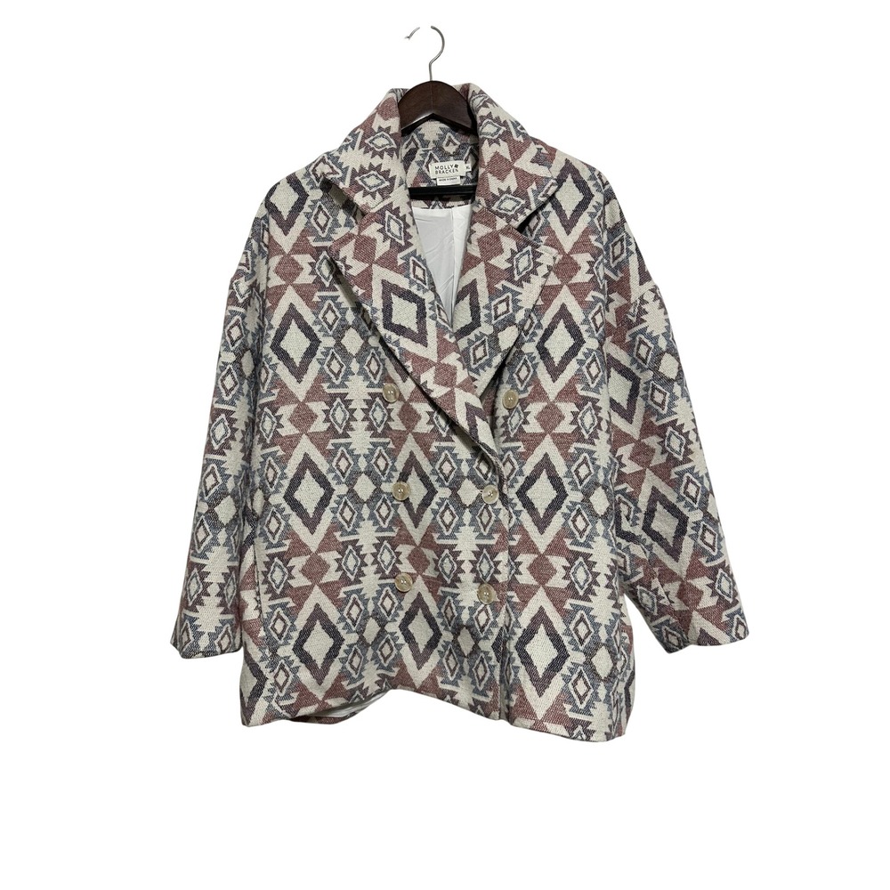 Molly Bracken Pea Coat Womens XL Geometric Jacquard Wool Blend